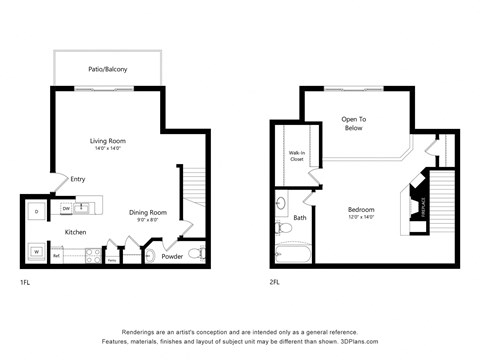 Floor plan for 1 bed, 1.5 baths, 1034 sqft